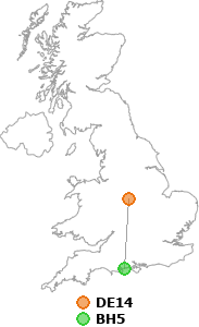 map showing distance between DE14 and BH5