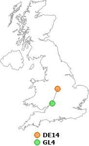 map showing distance between DE14 and GL4