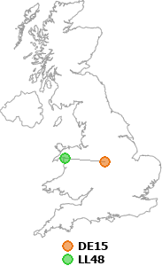 map showing distance between DE15 and LL48