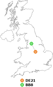 map showing distance between DE21 and BB8