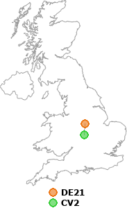 map showing distance between DE21 and CV2
