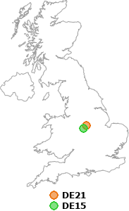 map showing distance between DE21 and DE15