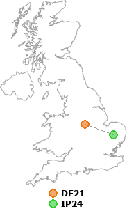 map showing distance between DE21 and IP24