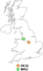 map showing distance between DE21 and WA2