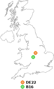 map showing distance between DE22 and B16