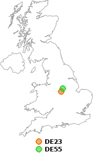 map showing distance between DE23 and DE55