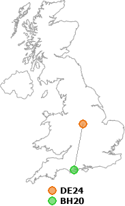 map showing distance between DE24 and BH20