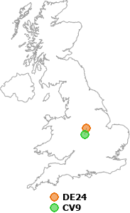 map showing distance between DE24 and CV9