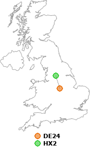 map showing distance between DE24 and HX2