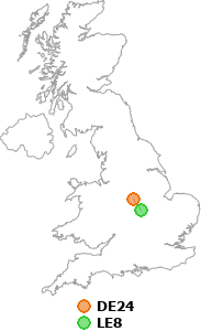 map showing distance between DE24 and LE8