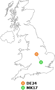map showing distance between DE24 and MK17
