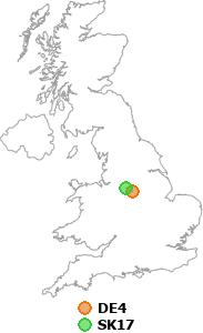 map showing distance between DE4 and SK17