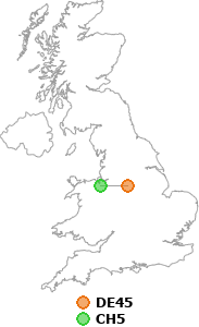 map showing distance between DE45 and CH5