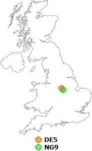 map showing distance between DE5 and NG9
