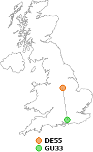map showing distance between DE55 and GU33