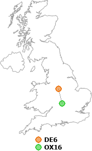 map showing distance between DE6 and OX16