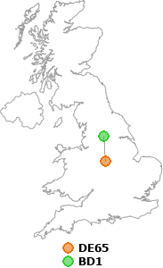 map showing distance between DE65 and BD1