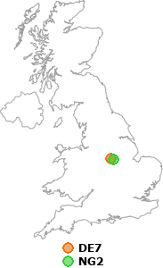 map showing distance between DE7 and NG2