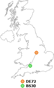 map showing distance between DE72 and BS30