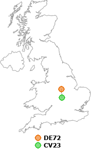 map showing distance between DE72 and CV23