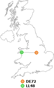 map showing distance between DE72 and LL48
