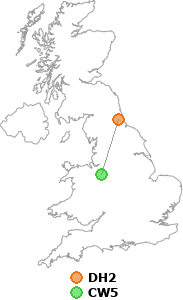 map showing distance between DH2 and CW5