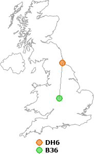 map showing distance between DH6 and B36