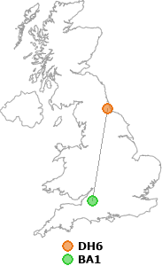 map showing distance between DH6 and BA1