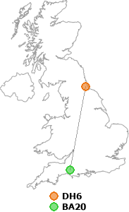 map showing distance between DH6 and BA20