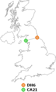 map showing distance between DH6 and CA21