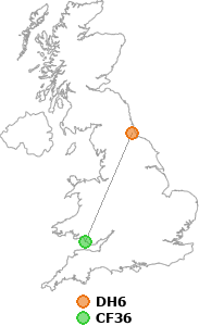 map showing distance between DH6 and CF36