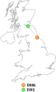 map showing distance between DH6 and EH1