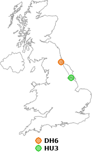 map showing distance between DH6 and HU3