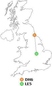 map showing distance between DH6 and LE5