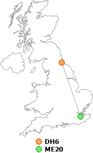 map showing distance between DH6 and ME20