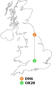 map showing distance between DH6 and OX28