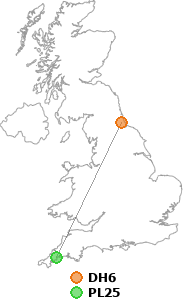 map showing distance between DH6 and PL25