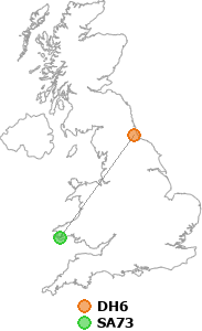 map showing distance between DH6 and SA73