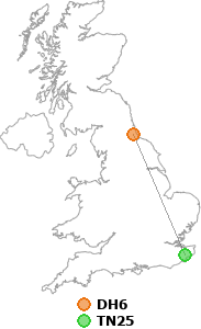 map showing distance between DH6 and TN25
