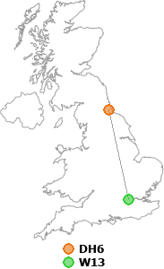 map showing distance between DH6 and W13