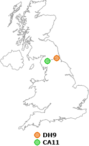 map showing distance between DH9 and CA11