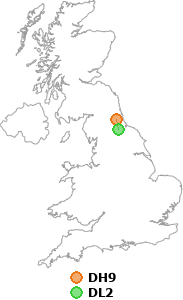 map showing distance between DH9 and DL2