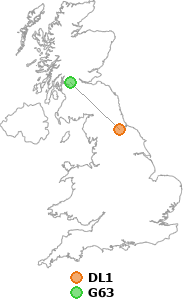 map showing distance between DL1 and G63