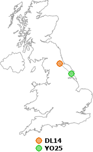 map showing distance between DL14 and YO25