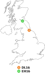 map showing distance between DL16 and EH16