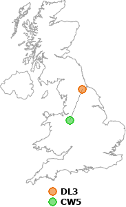 map showing distance between DL3 and CW5