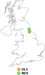 map showing distance between DL5 and NE9