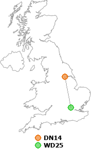 map showing distance between DN14 and WD25