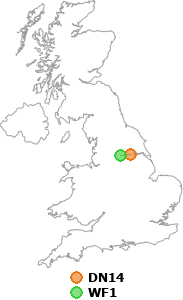 map showing distance between DN14 and WF1