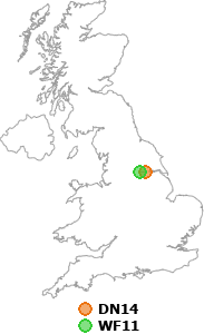 map showing distance between DN14 and WF11